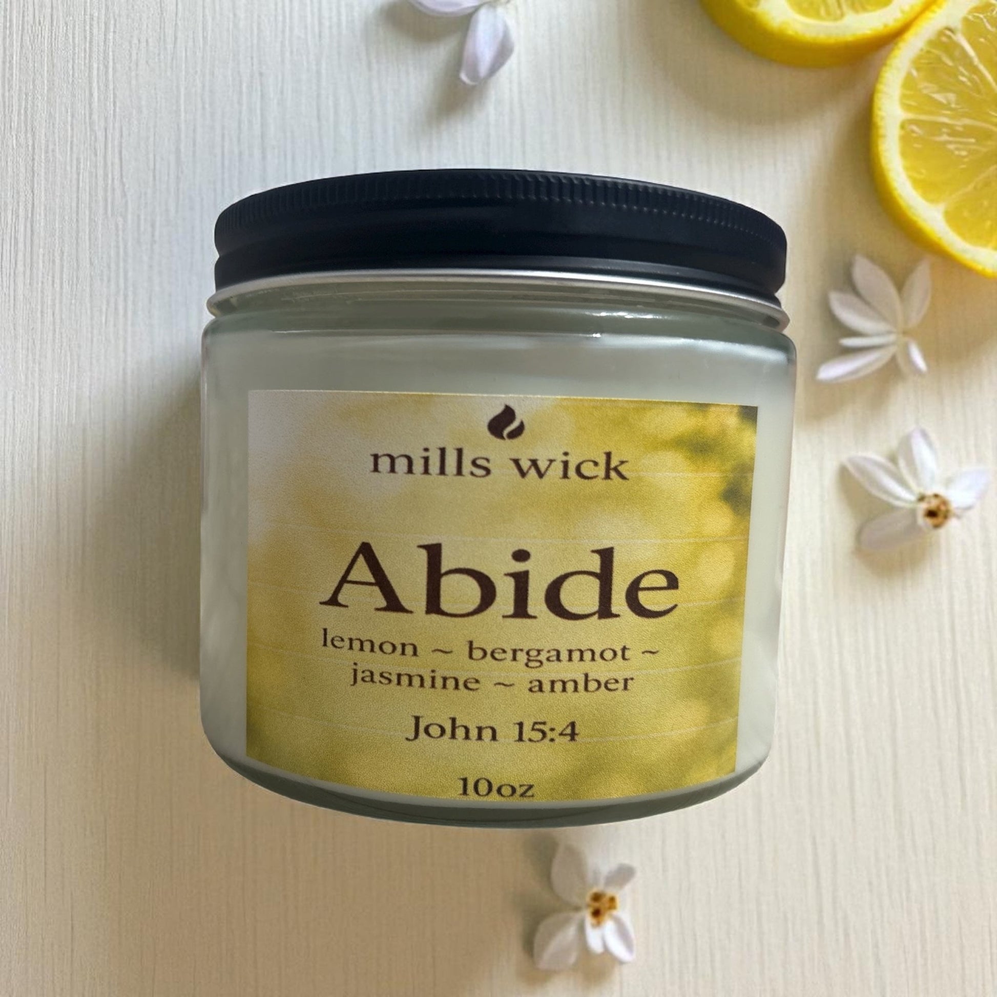 Abide – Lemon, Bergamot, Jasmine & Amber | 10oz CandleMillswickscented candlessoycandlesMills WicklatinaownedAbide – Lemon, Bergamot, Jasmine & Amber | 10oz Candlescentedsoycandles