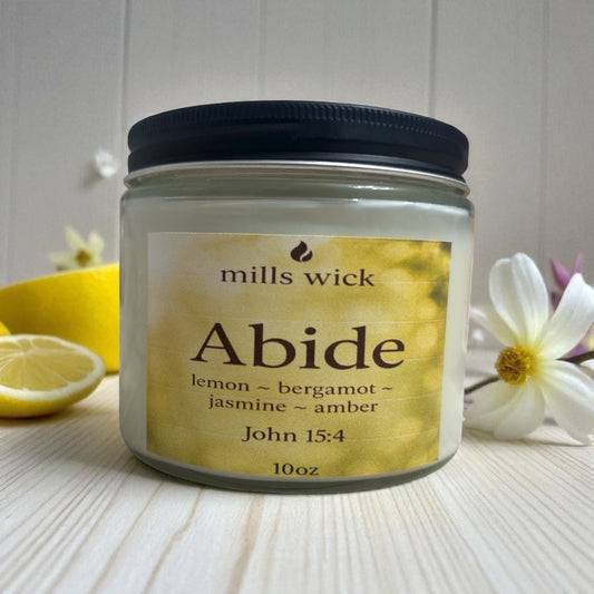 Abide – Lemon, Bergamot, Jasmine & Amber | 10oz CandleMillswickscented candlessoycandlesMills WicklatinaownedAbide – Lemon, Bergamot, Jasmine & Amber | 10oz Candlescentedsoycandles